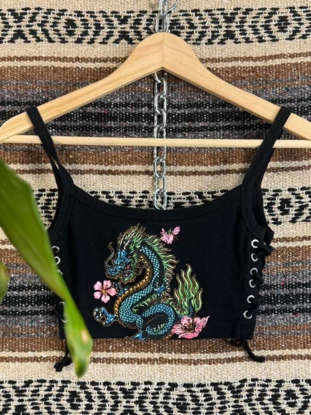 Urban Outfitters Dragon Graphic Lace Up Side Crop Cami Top S Black Used Y2K